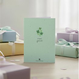  Mint green good luck card with clover design and "Veel geluk!" text, perfect for wishes and celebrations.
