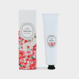 Natural hand cream with jasmine fragrance from the Malaga Collection. Moisturizing hand cream in a floral-patterned tube.