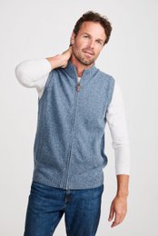  A blue, knitted men's gilet with a zip-up front and a textured, nepped pattern.