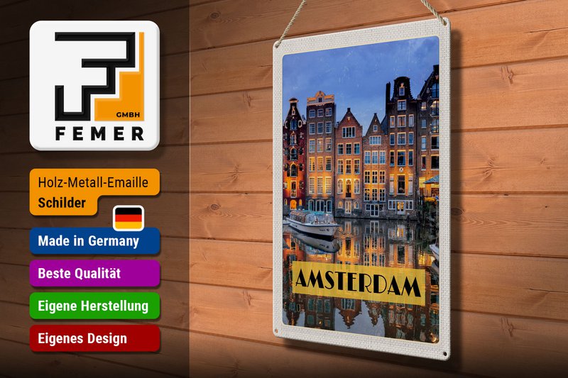 Tin sign travel 30x40cm Amsterdam at night travel destination