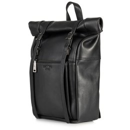  A black leather backpack with a minimalist, modern design. The backpack features a roll-top closure, adjustable straps, and a sleek, minimalist appearance suitable for everyday use or travel.