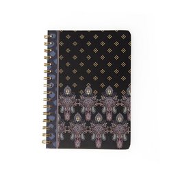 A black and gold paisley-patterned ring binder notebook with an A5 size.