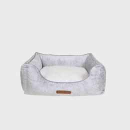  Light grey and milky soft fabric dog bed, rectangular shape with raised sides, cozy pet cushion.