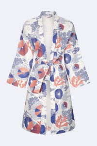 Coral Kimono - 100% cotton with coral pattern in pink and blue, can be used as a bath or home robe but also as a jacket to wear outside