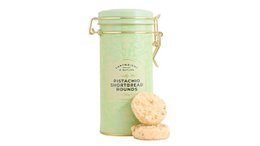  Pistachio shortbread cookies in pale green cylindrical tin with gold clasp, round biscuits