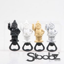  Bottle opener with a gnome design in various colors including black, white, gold, and silver. The bottle opener features a gnome figure with a raised hand and the text "Stoobz" on the base.