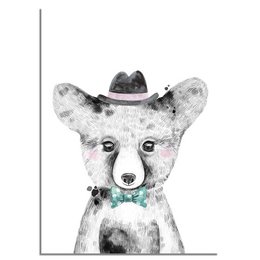 Black and white poster with a cute bear wearing a hat, suitable for children's room decor.