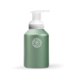Aluminum bottle with foam pump, hand soap, green color, pump dispenser.
