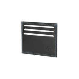  Black leather credit card holder with 4 card slots, compact size of 9.8 x 8 x 0.5 cm, comes in a rigid bottom/lid gift box.