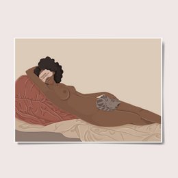 Cozy wall art featuring a person sleeping peacefully on a plush, burgundy blanket. The image has a warm, earthy color palette and a minimalist, abstract style.