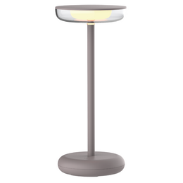 Taupe round tall table lamp with metal base, modern minimalist design, warm LED lighting