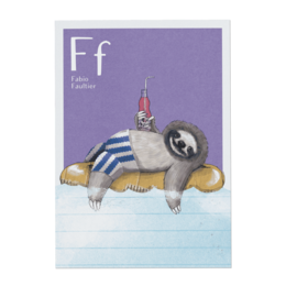 Alphabet toy card featuring a sloth illustration with the letter 'F' and the name 'Fabio'. The sloth is wearing a striped shirt and appears to be lounging on a surface.