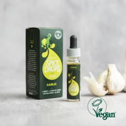 Garlic natural extract, spice drops, essential oil, vegan. Single spice product with a green and yellow label.