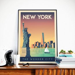Vintage New York poster featuring the Statue of Liberty and the New York City skyline in a retro travel style. The poster showcases the iconic landmarks and architecture of the "Wonder City".