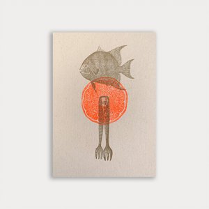 Postkarte / Fisch mit Gabel und Orange / Ökopapier