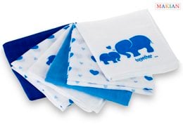 Blue and white swaddle blankets with elephant and heart patterns. 100% cotton, Oeko-Tex tested.