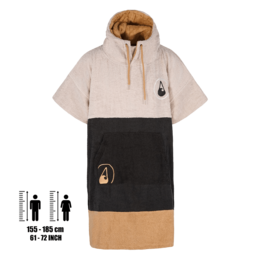 Cozy cotton poncho with a hooded design, featuring a color-blocked pattern in beige, black, and tan. Ideal for lounging or casual wear.