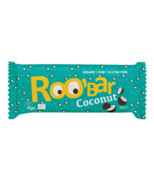 Organic chia and coconut bar, 30g, from Roobar brand. Green and yellow packaging with text and graphics.