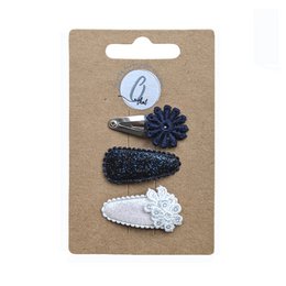  Baby hair clips set with glitter flower bow designs, black and white sparkly embellished clips.