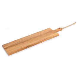 Rectangular wooden cutting board with handle, 69 x 19 cm in size, suitable for slicing and chopping food items.
