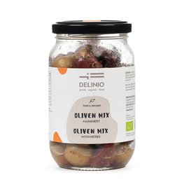  Organic olive mix, marinated, 6 x 150g. Olives in a glass jar with a black lid. The olives are a mix of colors including green, brown, and red.