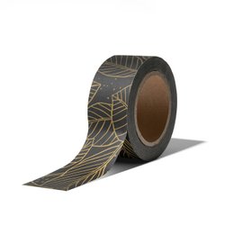 Decorative black and gold washi tape with a leaf pattern, suitable for various crafting and decorative purposes.