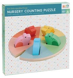 Colorful wooden counting puzzle with rainbow segments, animal shapes, educational toy for toddlers.