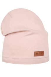  Pink and white knit beanie hats for girls, featuring a soft, stretchy material and a leather patch detail.