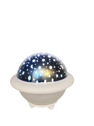 A white and gray star projector with a dome-shaped design, projecting a starry night sky effect with blue, yellow, and white lights.