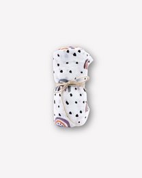 Organic cotton muslin cloth swaddle with a rainbow and polka dot pattern, suitable for babies and infants.

The image shows a soft, organic cotton muslin cloth swaddle with a rainbow and polka dot pattern. The swaddle is white with black polka dots and colorful rainbow-like shapes throughout. The fabric appears lightweight and breathable, making it suitable for swaddling or wrapping babies and infants. This product would be ideal for parents looking for a comfortable, eco-friendly swaddle for their little one.