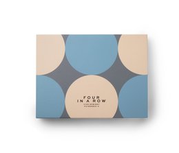 A classic four-in-a-row game with a modern, minimalist design featuring pastel-colored circles on a gray background.