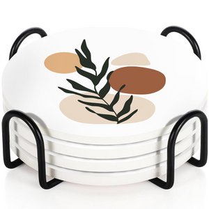 Marble Ceramic Coasters Matt Finish & Cork Base | Set of 6 with Metal Holder for Drinks, Coffee, Tea, Housewarming Gifts