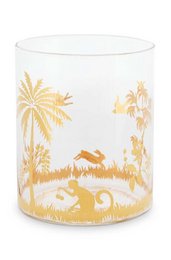Elegant water glass with gold palm tree and tropical leaf design, perfect for serving water, juice, or cocktails.