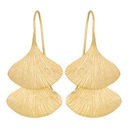 Elegant gold-tone double ginkgo leaf earrings with a textured, layered design.