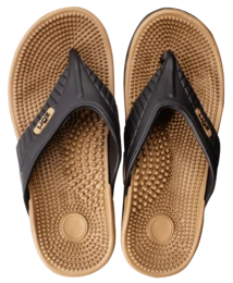 Black and cognac colored massage thong flip flops with a textured sole for comfort.