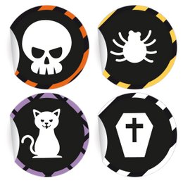 24 spooky Halloween stickers with spiders, skulls, cats, and crosses. The stickers are round, measuring 45mm in diameter, and feature 6 different motifs repeated 4 times each on the sheet.