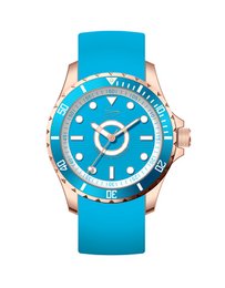 A turquoise and rose gold watch with a 10 ATM water resistance rating.