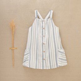  A striped, buttoned dress for girls in sizes 3 to 12 years. The dress features a sleeveless design with a button-up front and a striped pattern in shades of blue and white.