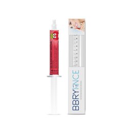 Strawberry-flavored dental whitening gel in a tube. Contains active ingredients to help whiten teeth and improve oral hygiene.