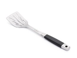 Long stainless steel barbecue spatula with black handle, ideal for flipping burgers and other grilled foods.