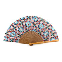  Multicolored fan made of 100% silk and natural wood, featuring a vibrant floral pattern design. Ideal for adding a touch of style and elegance to any outfit or accessory.