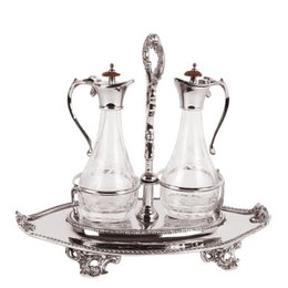  Copper and glass cruet set, two bottles, ornate silver handles, vintage style tableware dispenser