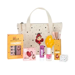 A gift set for young girls featuring a variety of nail polishes, accessories, and other beauty items in a polka dot-patterned tote bag. The set includes a range of pink, purple, and yellow nail polish shades, as well as a makeup brush and other cosmetic items.