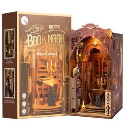 A 3D DIY wooden bookend with LED light sensor, featuring an intricate library scene with arched doorways, bookshelves, and decorative elements. The product is designed for use as a book stand or decorative piece.