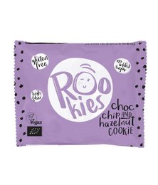 Organic chocolate chip and hazelnut cookie, round shape, purple packaging with text "Rookies" and "Roo-kies" branding.