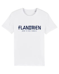  White cotton cycling t-shirt with "Flandrien" text print, short sleeves, crew neck, casual athletic style