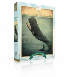 A 500-piece puzzle featuring a large, dark-colored whale or sea creature swimming in a body of water with a ship in the background. The puzzle is part of the "Leviathan Below" series from the New York Puzzle Company.