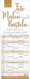 A gold-colored wall calendar with a grid layout and text in German. The calendar appears to be for a family and includes spaces for writing in important dates and events.