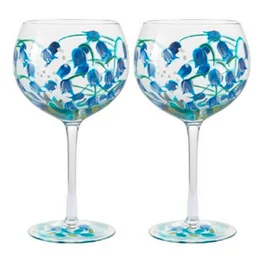 'Pair of Gin Glasses Livellara FLORA, Campanelle, 650ml, featuring a floral pattern in shades of blue and green. Suitable for serving gin and other beverages.'