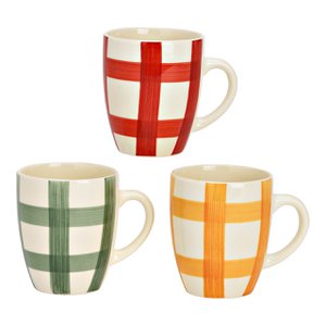 Becher kariert aus Keramik, 3-fach, Rot/Grün/Gelb (B/H/T) 12x10x8cm 360ml
